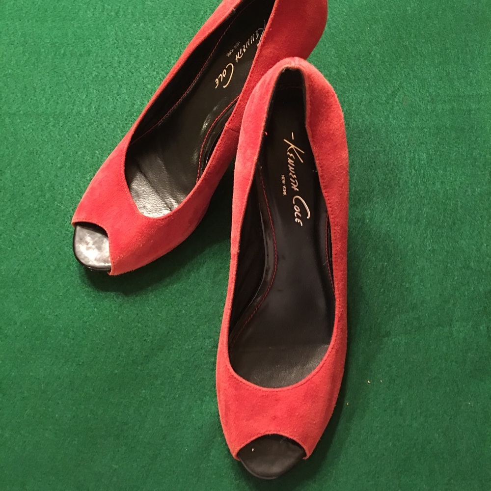 Kenneth Cole Red Suede Open Toe Heels, 9